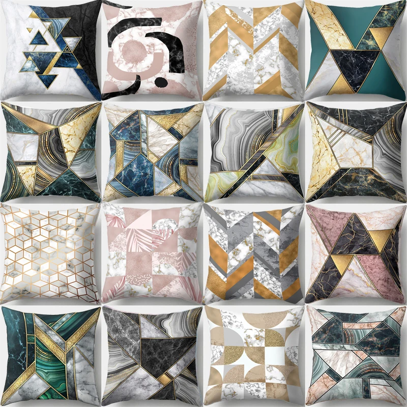 

Gold Patchwork Geometric Cushion Cover 45x45cm Simple Marble Printed Polyester Pillowcase Living Room Decorative