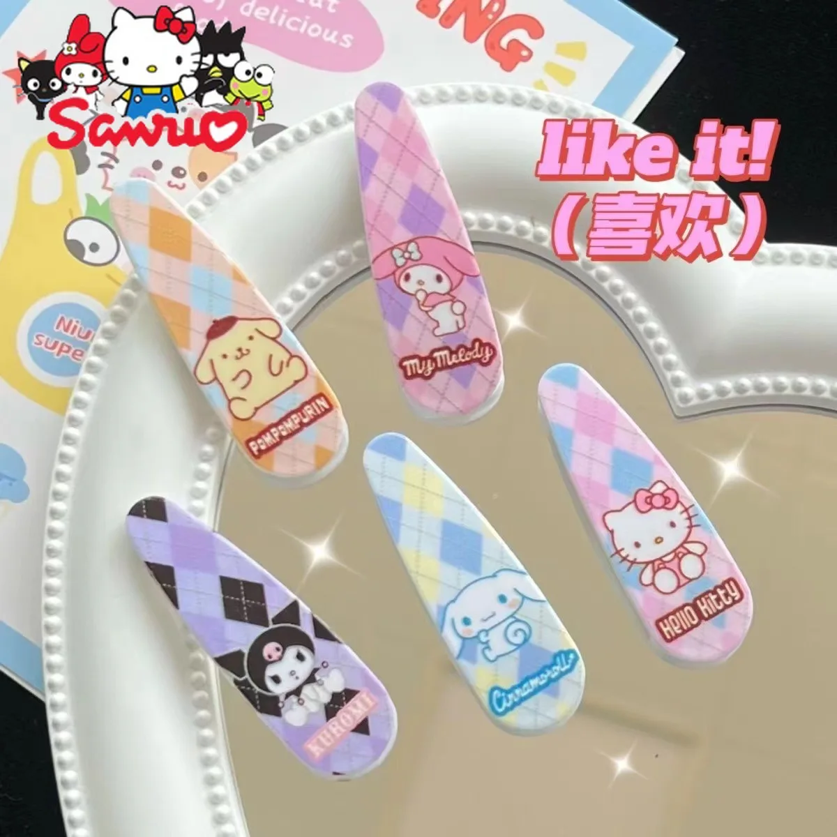 

Sanrio Kuromi Hello Kitty Melody Cinnamoroll почтовый клетчатый BB зажим заколка для волос мультяшная девушка челка боковой зажим Украшение для волос для студентов