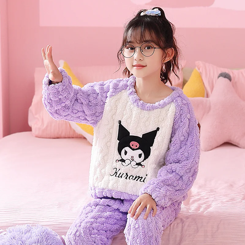 

Sanrio Children Pajamas Set Cartoon Kuromi Cinnamoroll Melody Coral Fleece Winter Warm Long-Sleeved Trousers Kid Clothing Gift