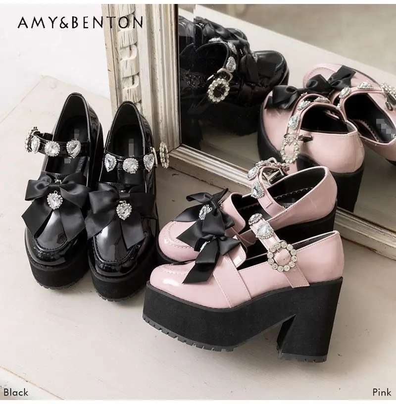 Japanese Lolita Hot Rhinestone Love Heart Bow Tie Mine Mass-Produced Platform Mary Jane Shoes Pink Pumps Girl Shoes for Women's
