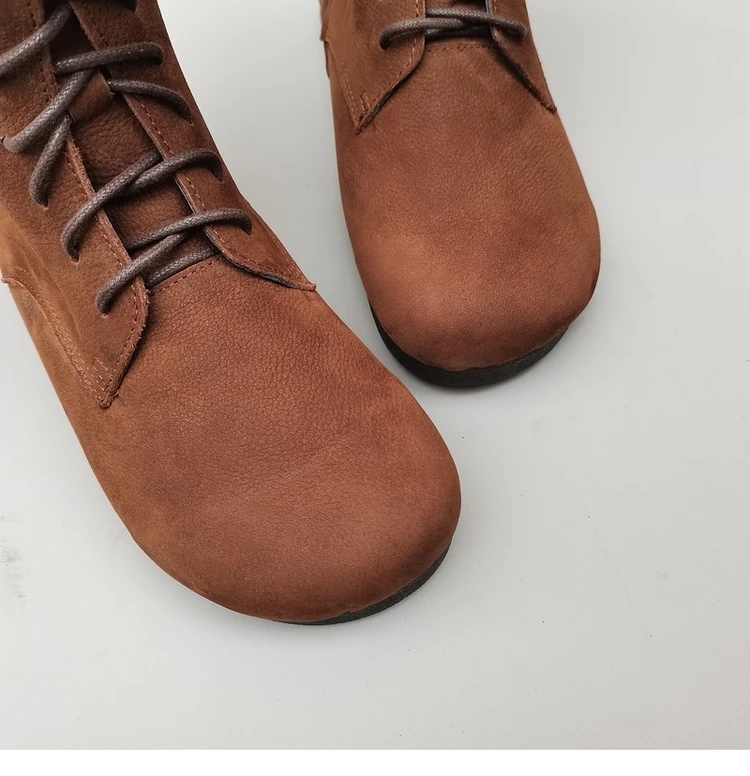 Careaymade 여성용 가죽 부츠, 부드러운 밑창 플랫 부츠, 오리지널 라운드 암소 가죽, 하이탑, 캐주얼 싱글 부츠, 100% 신상