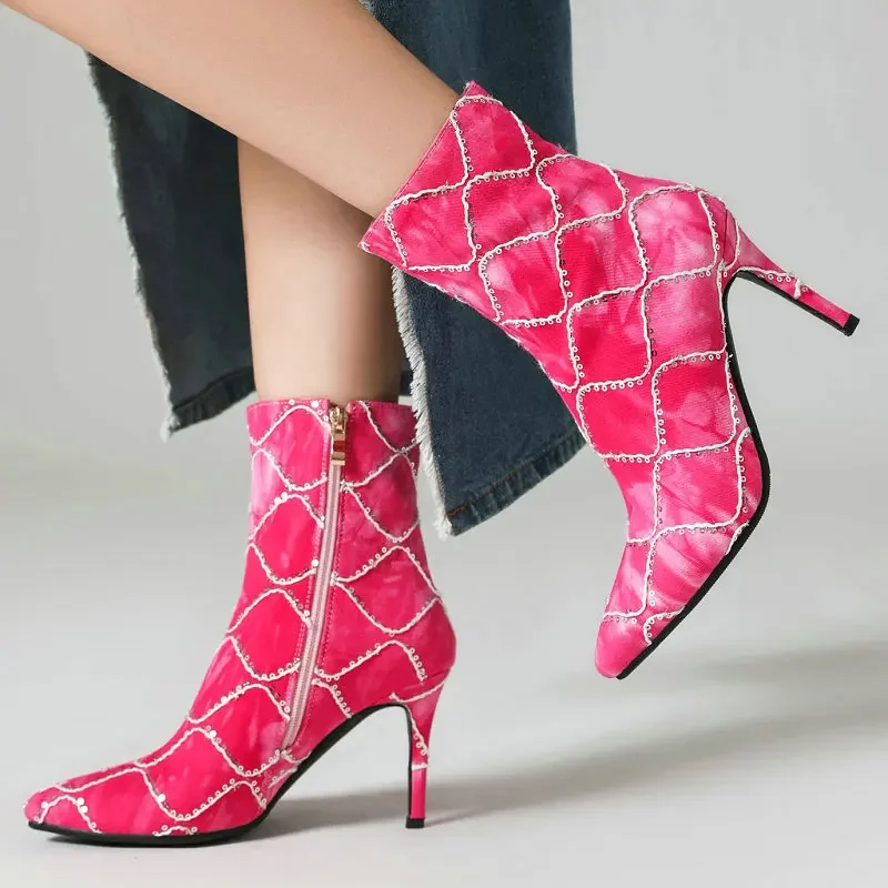 

Trend Tie Dyed Pink Blue Pointed Toe Super Thin High Heels Woman Shoes With Bling Sequins Ankle Stiletto Mature Boots Size 33-45