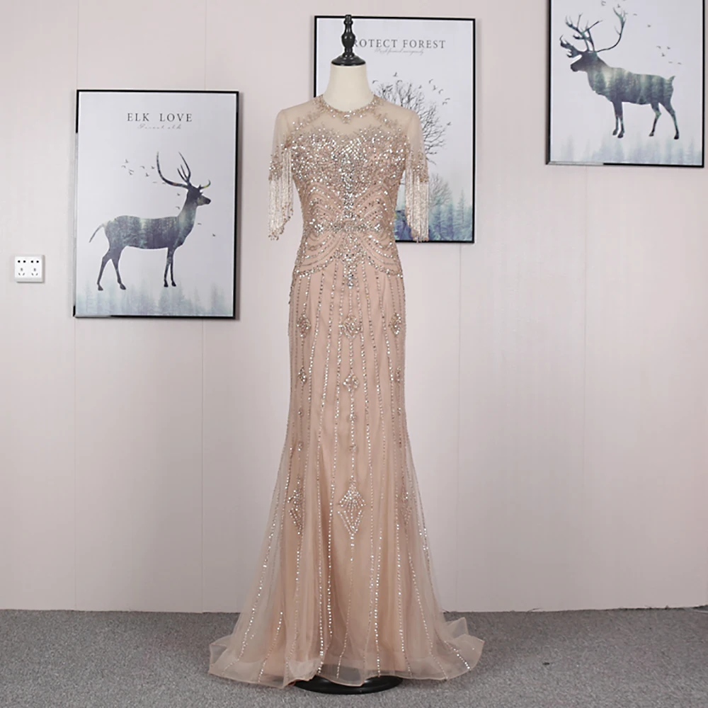 

Hot Sale Grey Mermaid Floor Length Elegant Beaded Tassel Dubai Luxury Evening Dresses Gowns For Women Party 2024 LA70646