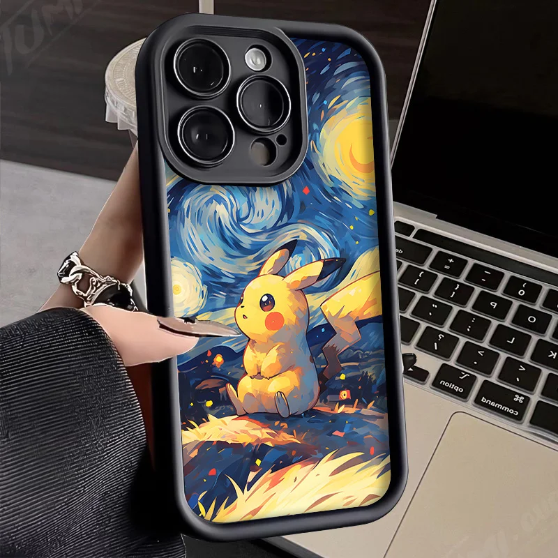 thumbnail image 1 of Funda de Pokémon con pintura al óleo para iPhone, carcasa protectora de silicona suave a prueba de golpes para modelos 14, 15 Pro Max, 13, 12, 11, X, XS, XR, 7, 8 Plus, SE 2020, 1 of 5