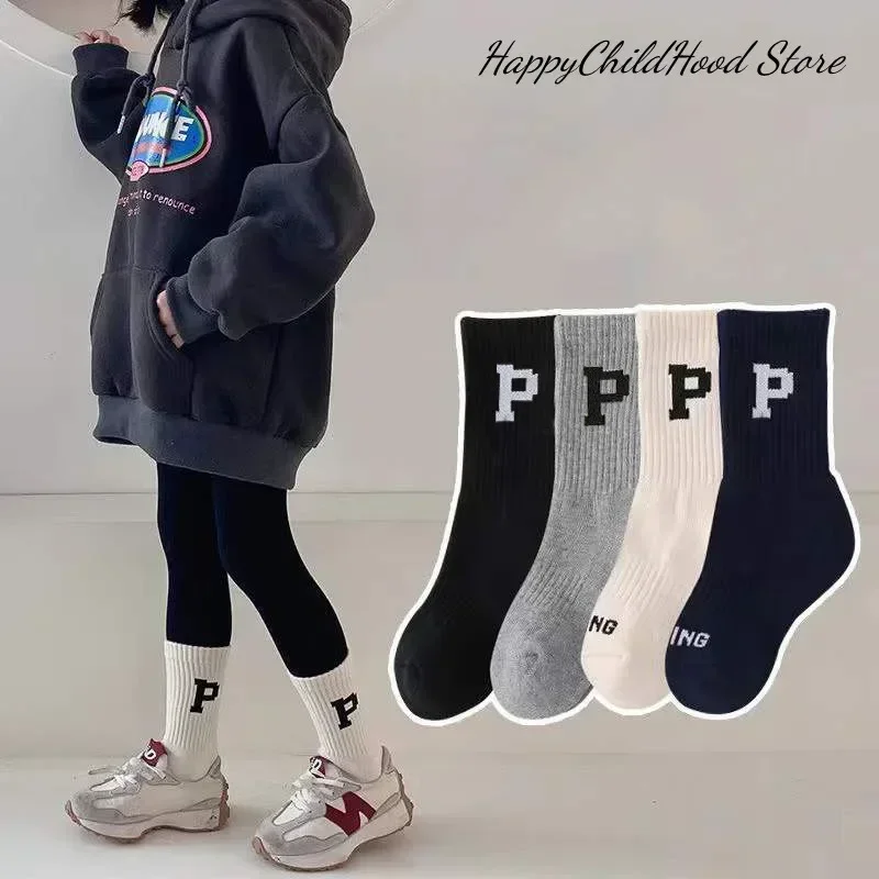 Spring Autumn Kids Boys Girls Sport Socks Fashion Simple Letter P Calf Socks for Children Soft Cotton Breathable Calf Stockings