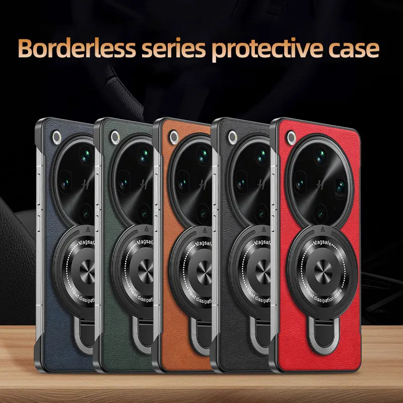 Magnetic Wireless Charging Shockproof Leather Case with Holder - Frameless Hard Shell