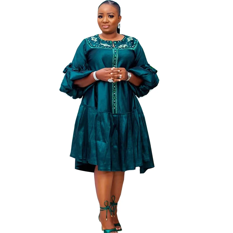 

African Dresses For Women With Beading Puff Sleeve Patchwork Robe 2023 Fashion New Loose Streetwear Party African Dress Vestidos