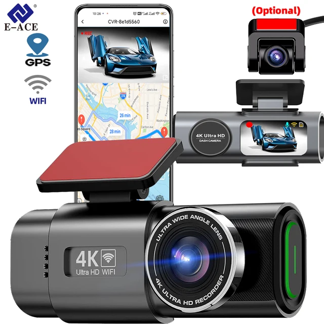 Caméra de tableau de bord 4K GPS WIFI APP 24H Vision nocturne Mini lentille arrière en option Dashcam voiture DVR enregistreur vidéo caméra pour voiture boîte noire 1