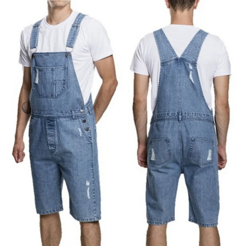 

Men Overall Baggy Jeans Shorts Jumpsuits Summer Ripped New Male Vintage Streetwear Pocket Denim Trousers Clothes