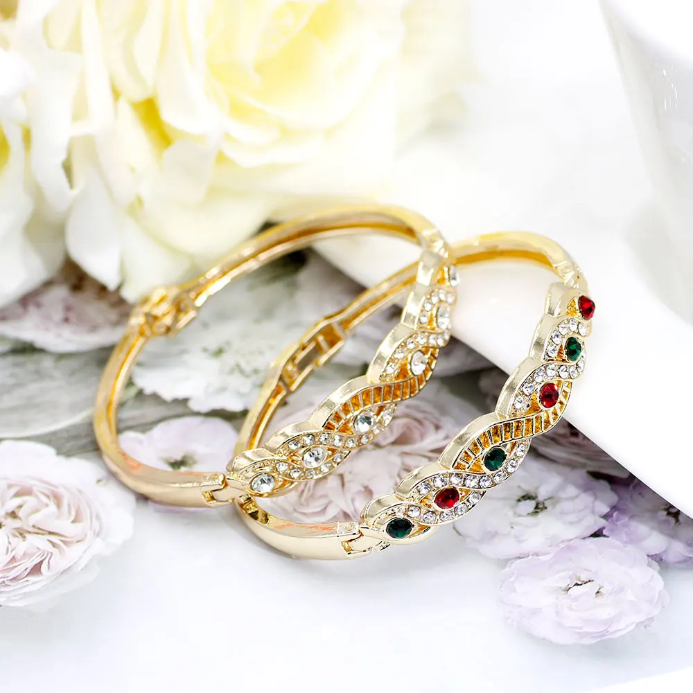 Gold Color Arabic Cuff Bracelet for Women Algeria Morocco Bride Wedding Jewelry DuBai Rhinestone Thin Bangles