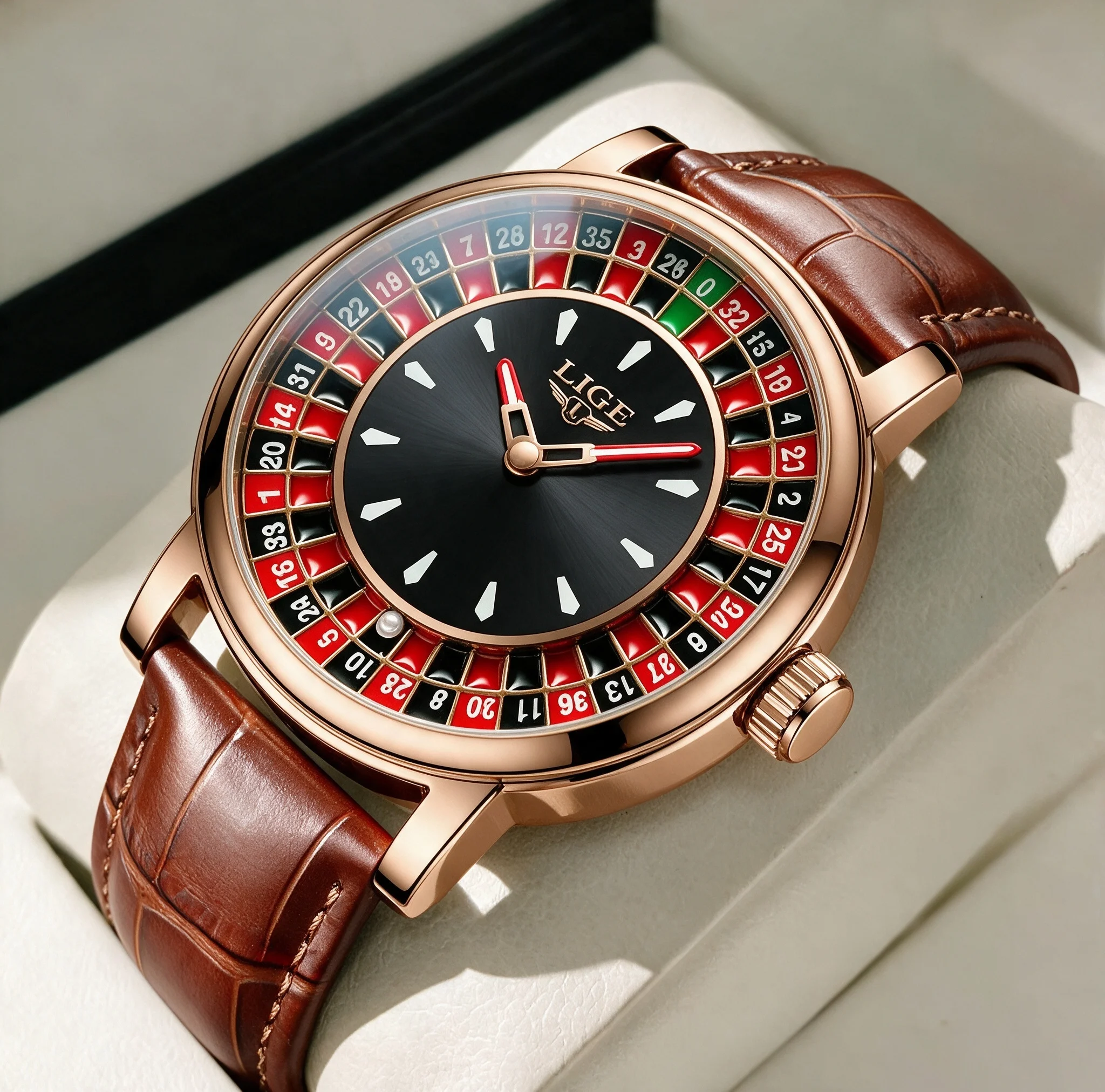 Elegant Men's Watch with Brown Leather Strap and Rotating Dial, Waterproof and Luminous