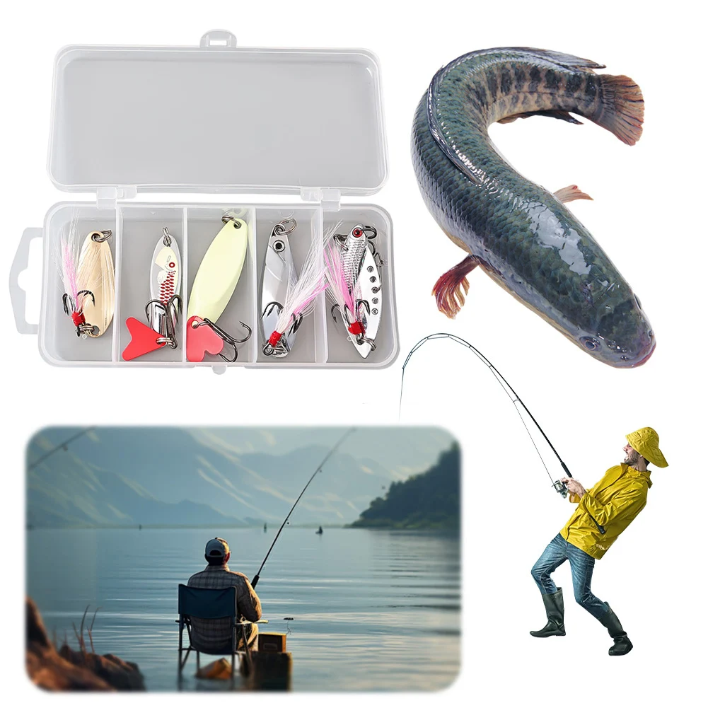 5pcs Metal Jig Spoon Spinner Fishing Lure Artificial Bait Hard Baits Sequins Spinner Lures with Box Treble Hooks for Fishing