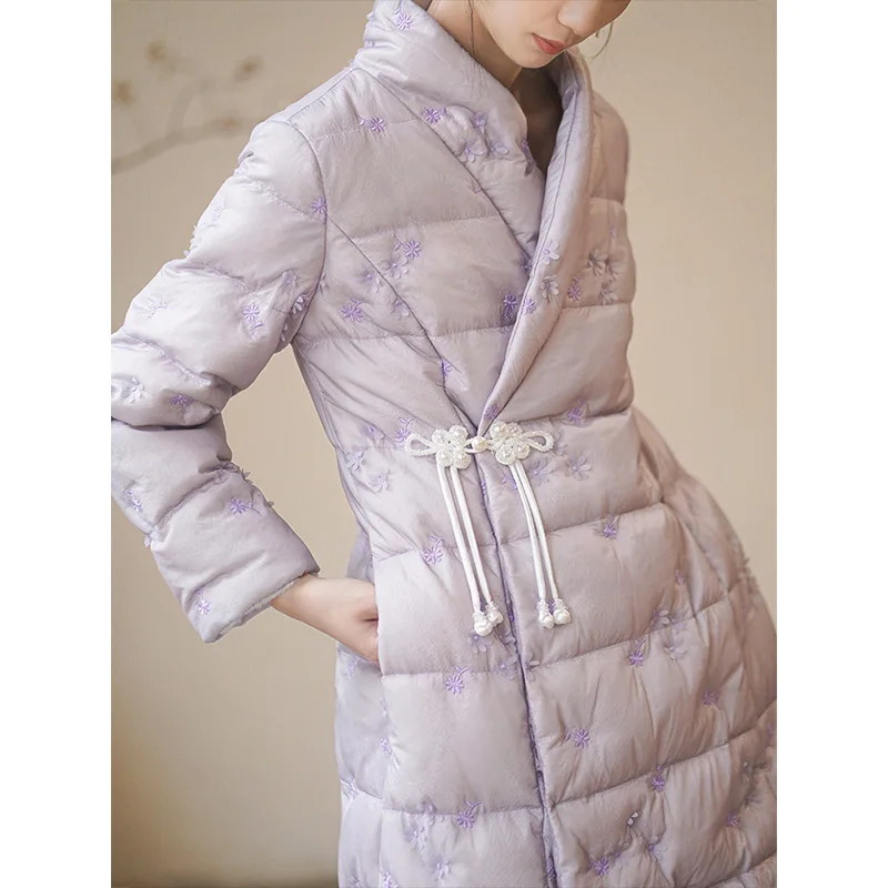 Winter Mid-Length Thick down Jacket Embroidery Vintage Chinese Style Traditional Chinese Knot Button Coat
