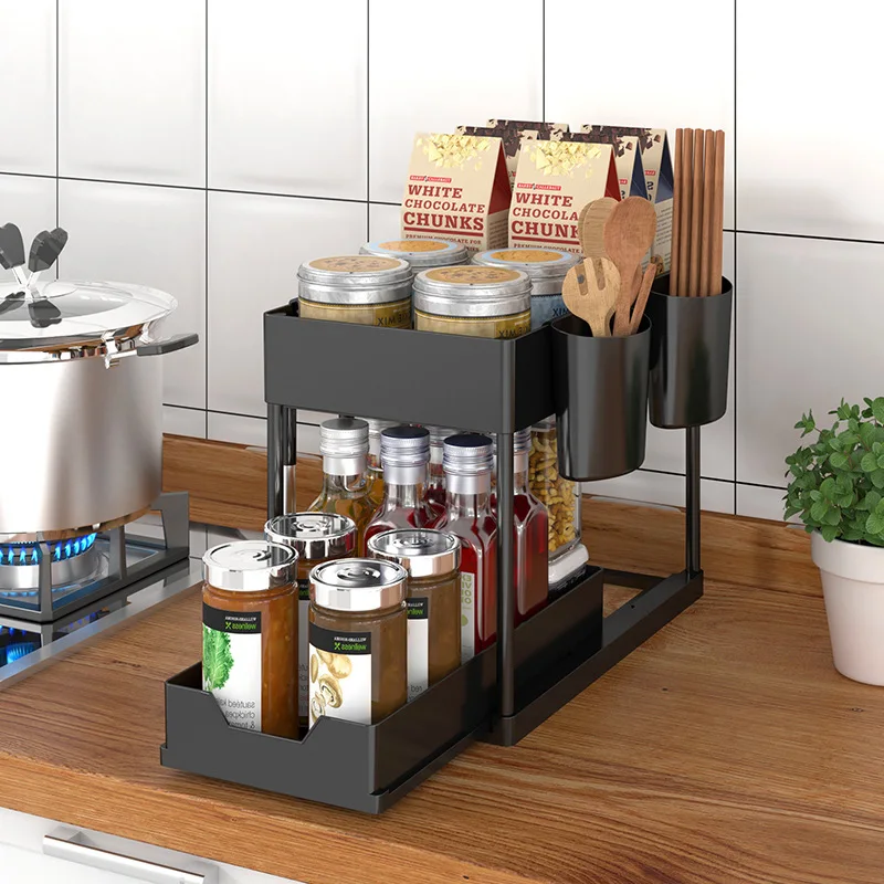 

Kitchen Desktop Storage Rack for Seasoning Bottle Condiment Organizer Multifunction 2-Layers Kitchenware Organizer Save Space