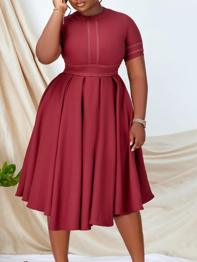 spring fall o neck mid calf high waist dress big plus size solid lace elegant office ladies tunic pleated women clothing Elegant Dresses for Women Round Neck Short Sleeve Pleated A Line Mid Calf African Office Ladies Business Work Wear Dress Midi OL