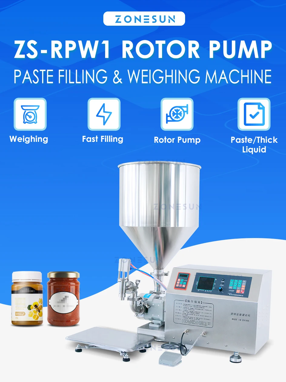 ZONEPACK 5-5000ml Rotor Pump Paste & Viscous Liquid Filling and Weighing Machine ZS-RPW1