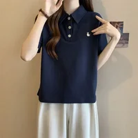 Embroidery Polo Neck T Shirt for Women Summer Outfit Woman Tshirt Y2k Fashion Korea Clearance One Pieces 90s Vintage Korean Kpop - Image 2