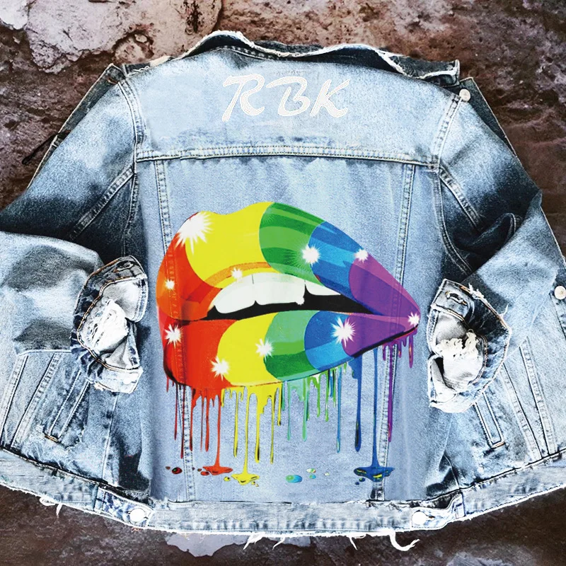 

Women's Denim Jacketwomen's 2022 Spring And Autumn New Street INS Color Lip Print European Style Lapel Denim Jacket