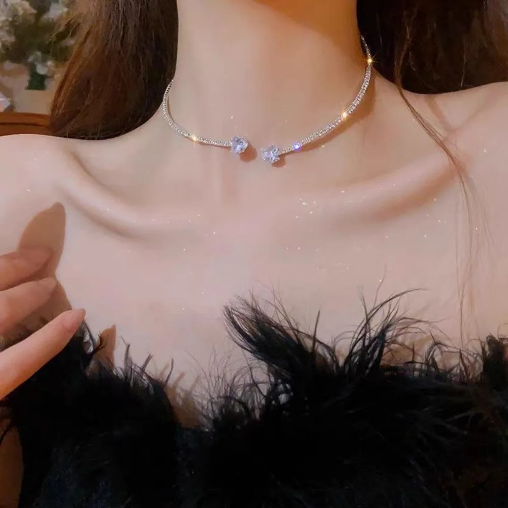925 Sterling Silver Rhinestone Heart Collar Choker Necklace gift box