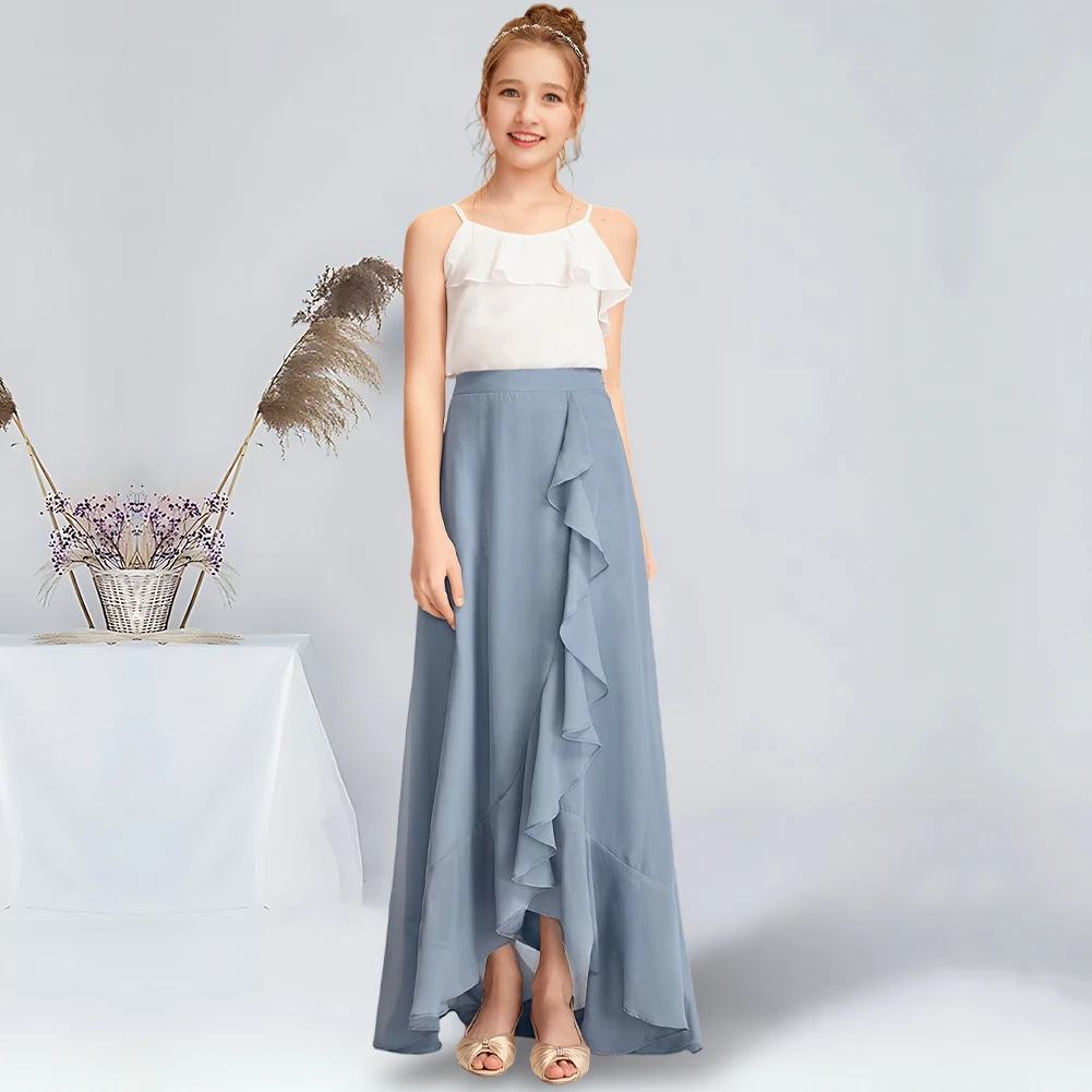 

Separates Scoop Asymmetrical Chiffon Junior Bridesmaid Dress With Cascading Ruffles Dusty Blue Flower Girl Dress for Wedding