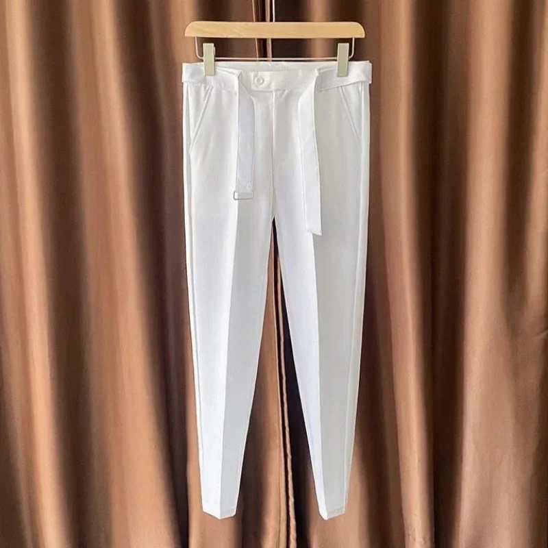 thumbnail image 1 of Pantalones de traje masculino con cinturón 9 Pantalones de verano negros recortados para hombre Ropa de diseñador de tela Reseñas de estilo coreano Muchos pantalones elegantes, 1 of 5