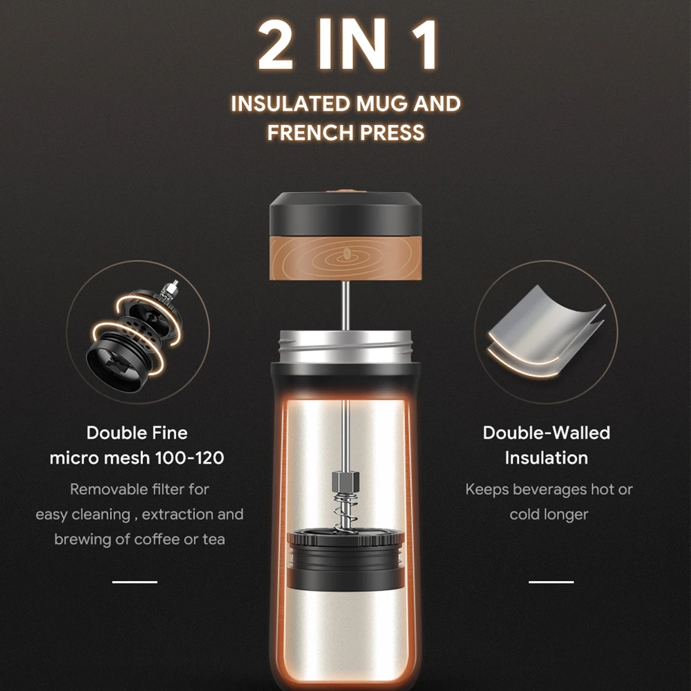 Stainless Steel French Press Coffee Maker Vacuum Insulated Portable Mug Tea  Cup