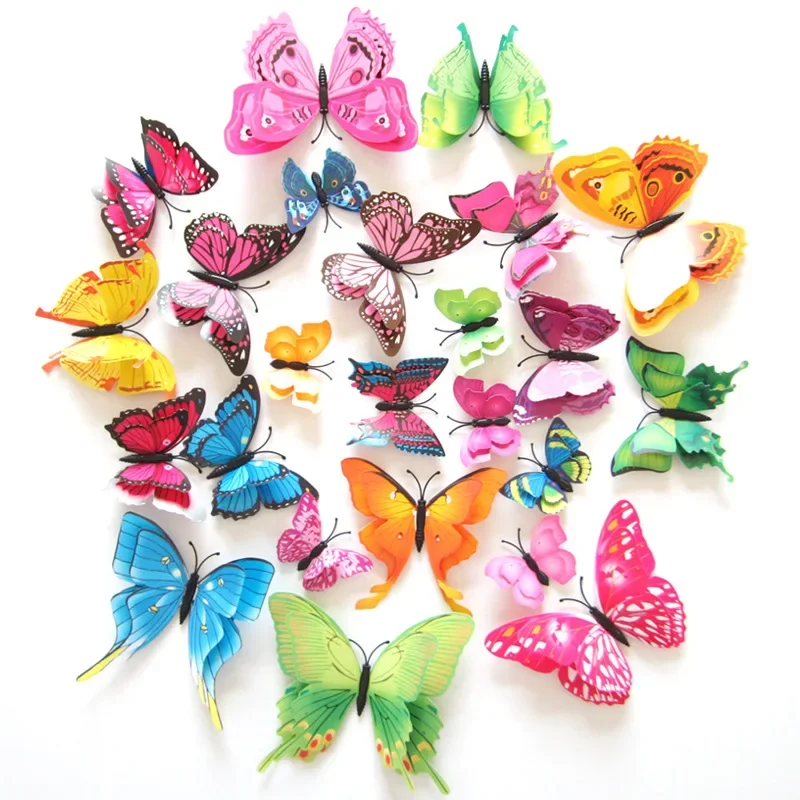 Mariposa decorativa de doble capa 3D para dormitorio, cortina de fiesta, flor falsa, decoración artesanal, mariposas de PVC con Pin, 12 unidades por lote