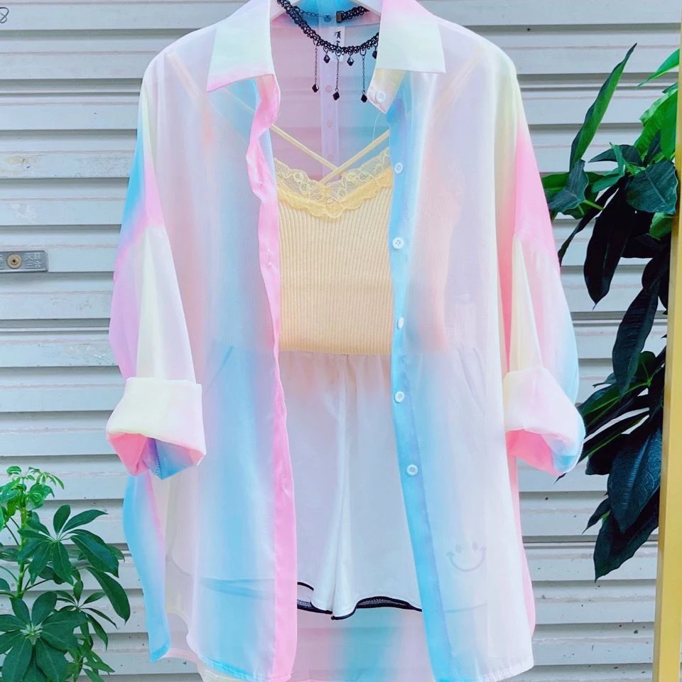 Long Sleeve Top Sweet Sheer Casual Shirts And Blouses Irregular Gradient Rainbow Office Lady Trend Loose New In Outwear Women