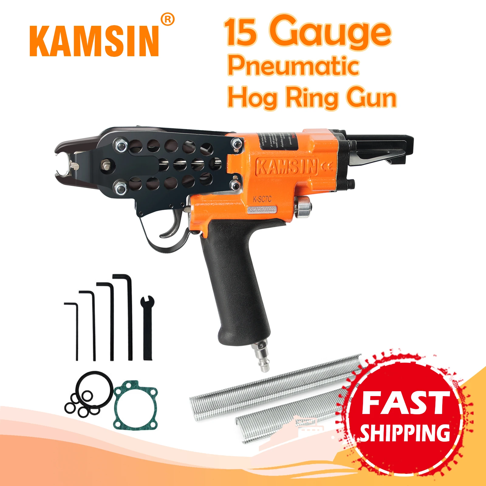

KAMSIN K-SC7C 15 Gauge Pneumatic Hog Ring Gun, Automatic Air C-Ring Gun 19mm Crown for Spring Mattress, Car Seats, Pet Cages