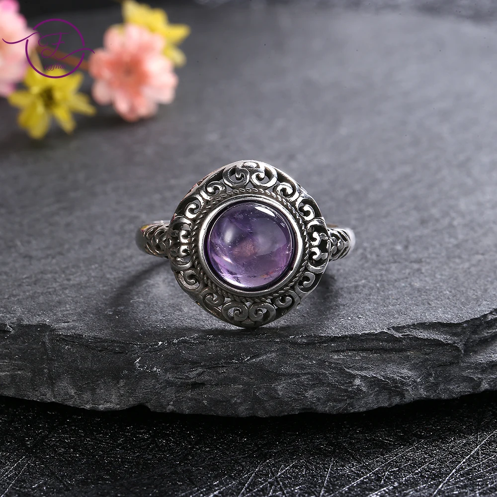 

New Style Hollow Pattern 8MM Natural Amethyst Silver Ring for Women Labradorite Moonstone Luxury Fine Jewelry Wedding Gift