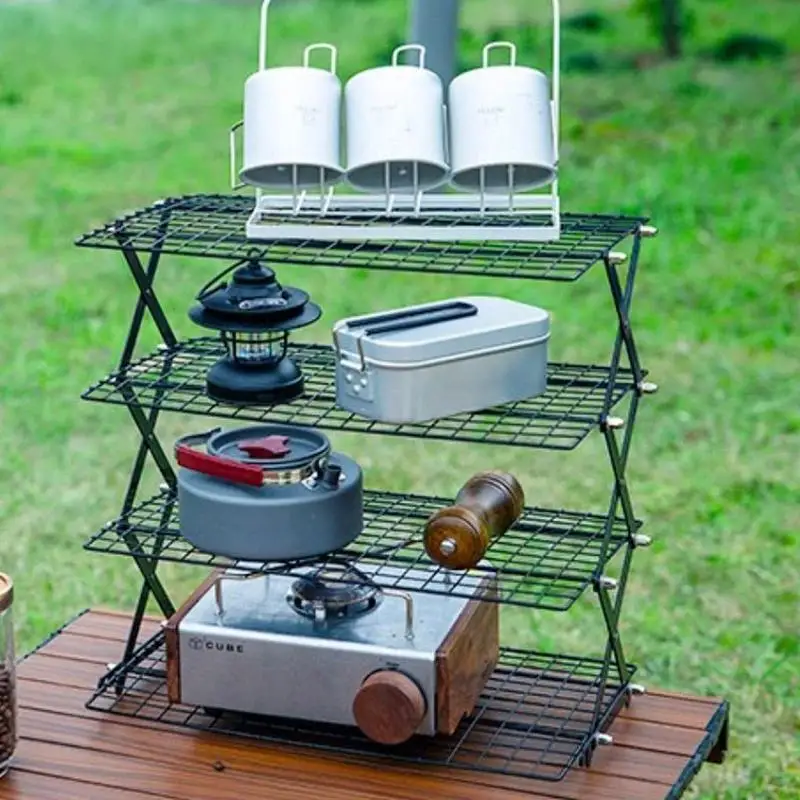 

Outdoor Storage Shelf Three-tier Rack Foldable Picnic Camping Barbecue Folding Table Easy To Carry Garden BBQ