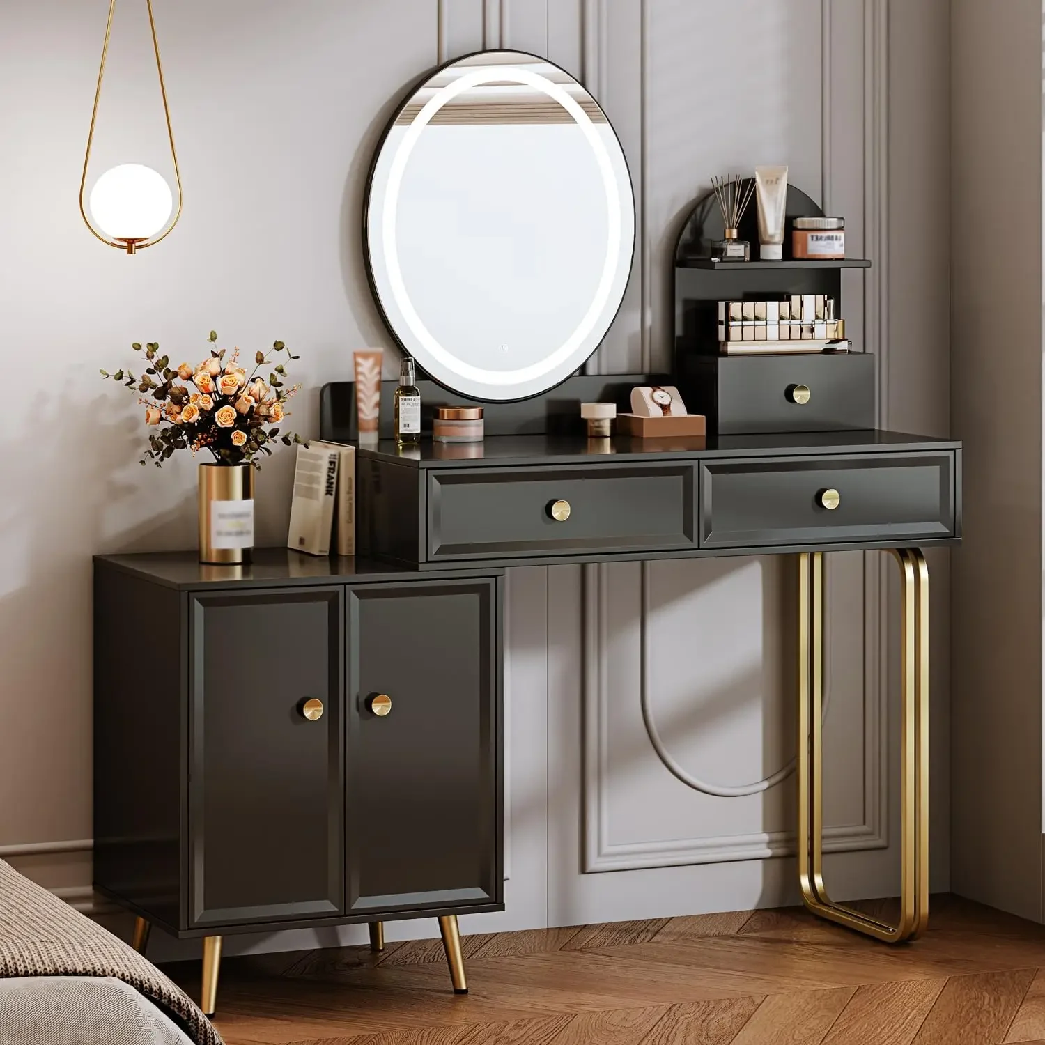 

Black Modern Vanity Desk,Retractable Makeup Vanity,with LDE Mirror and 2 Spacious Drawers,Makeup Desk with Cabinet,Dressing Tabl