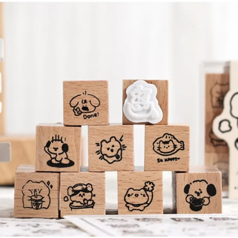 Cute Little Cat Decoration Stamp Retro Wooden Rubber Stamps for Scrapbooking Journal Diy Craft Standard Seal 9pcs/set, wooden stamps, decorative stamps
