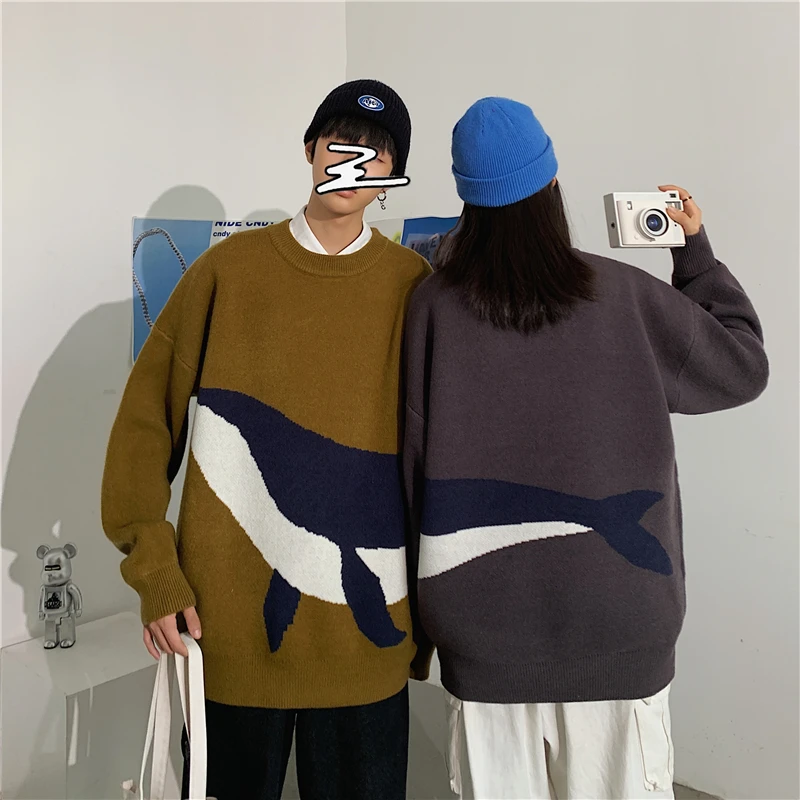 

Harajuku Couple Sweater Autumn/winter High Neck Long Sleeved Tops Street Fashion Unisex Shark Printed Jacquard Fabric Sweatshirt