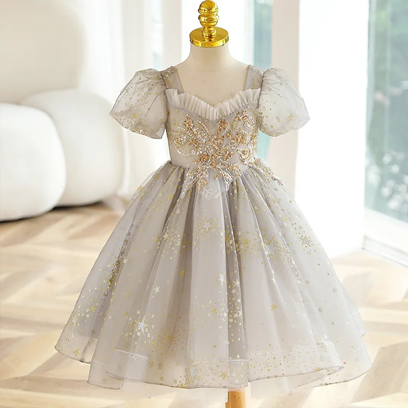 green emerald velvet dress Girls Birthday Gold Dress Children's Sequin Princess Dress – marryshe main image 0