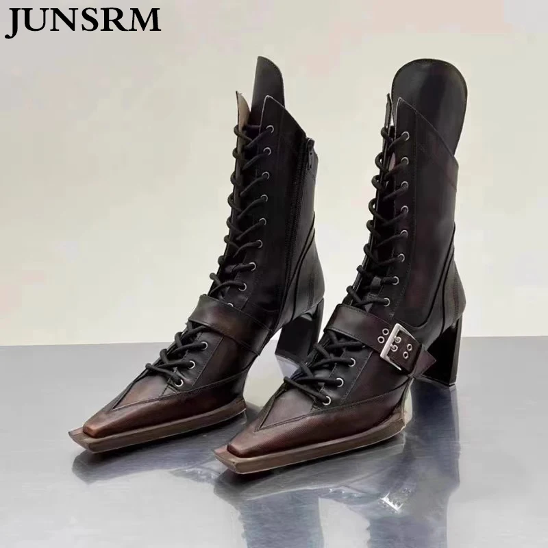 

2024 Spring New Thick Heel Fashion mid-calf Boots Small Square Head Lace Up All-match Knight Boots Belt Buckle Slim Shoes Female