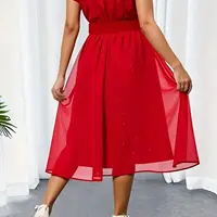 Plus Size Women's Retro Elegant Red Ruffle Sleeve V-Neck Midi Dress Shimmer Fit & Flare Evening Cocktail Dress (0XL-4XL) - Image 5