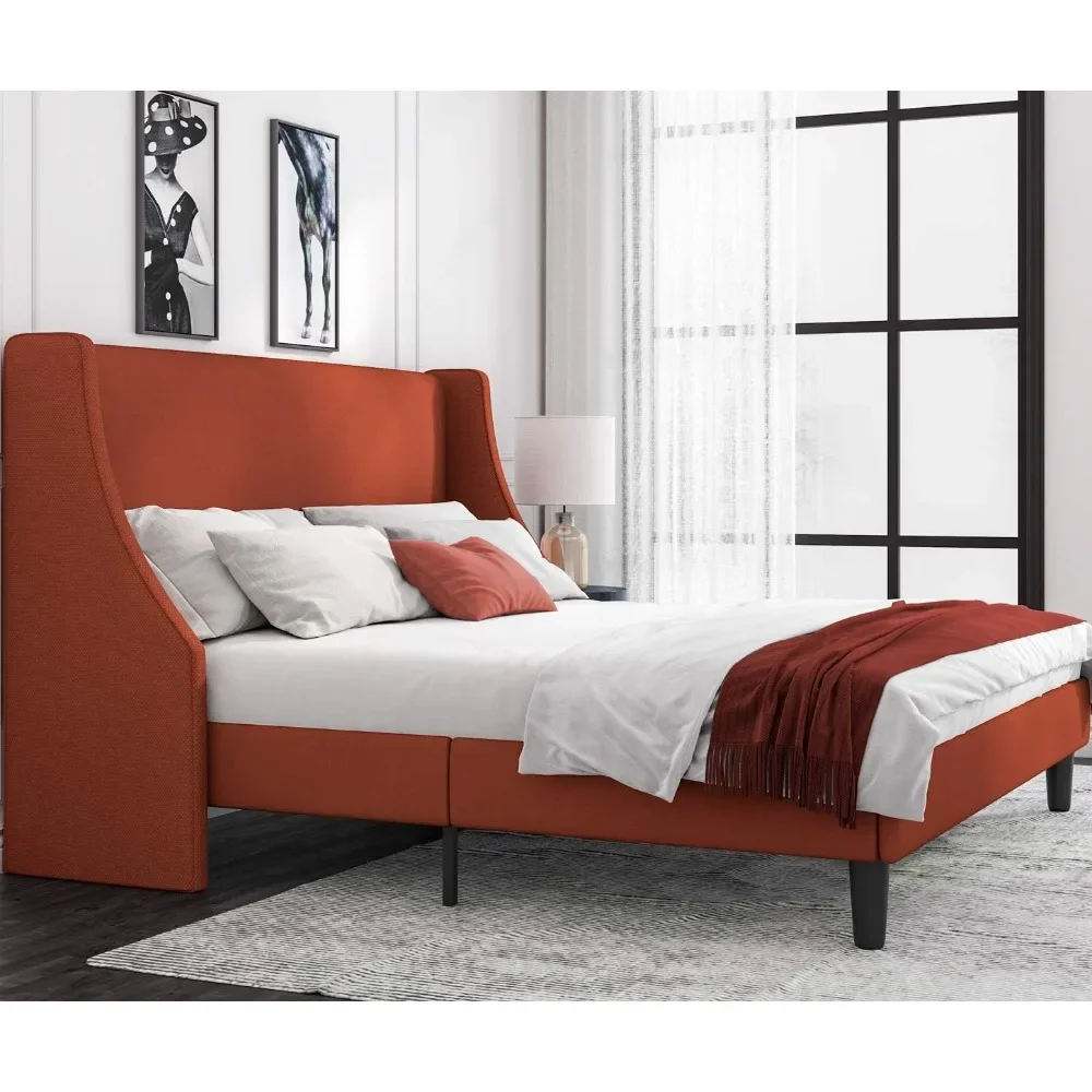 

Bed frame, platform bed frame with padded headboard, wing back, wooden board support, mattress base, extra large bed frame