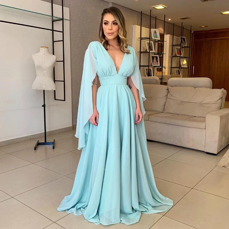 

A-Line Light Sky Blue Prom Dresses Deep V Neck Chiffon Backless Evening Party Gowns Elegant Women Formal Evening Dress For Party