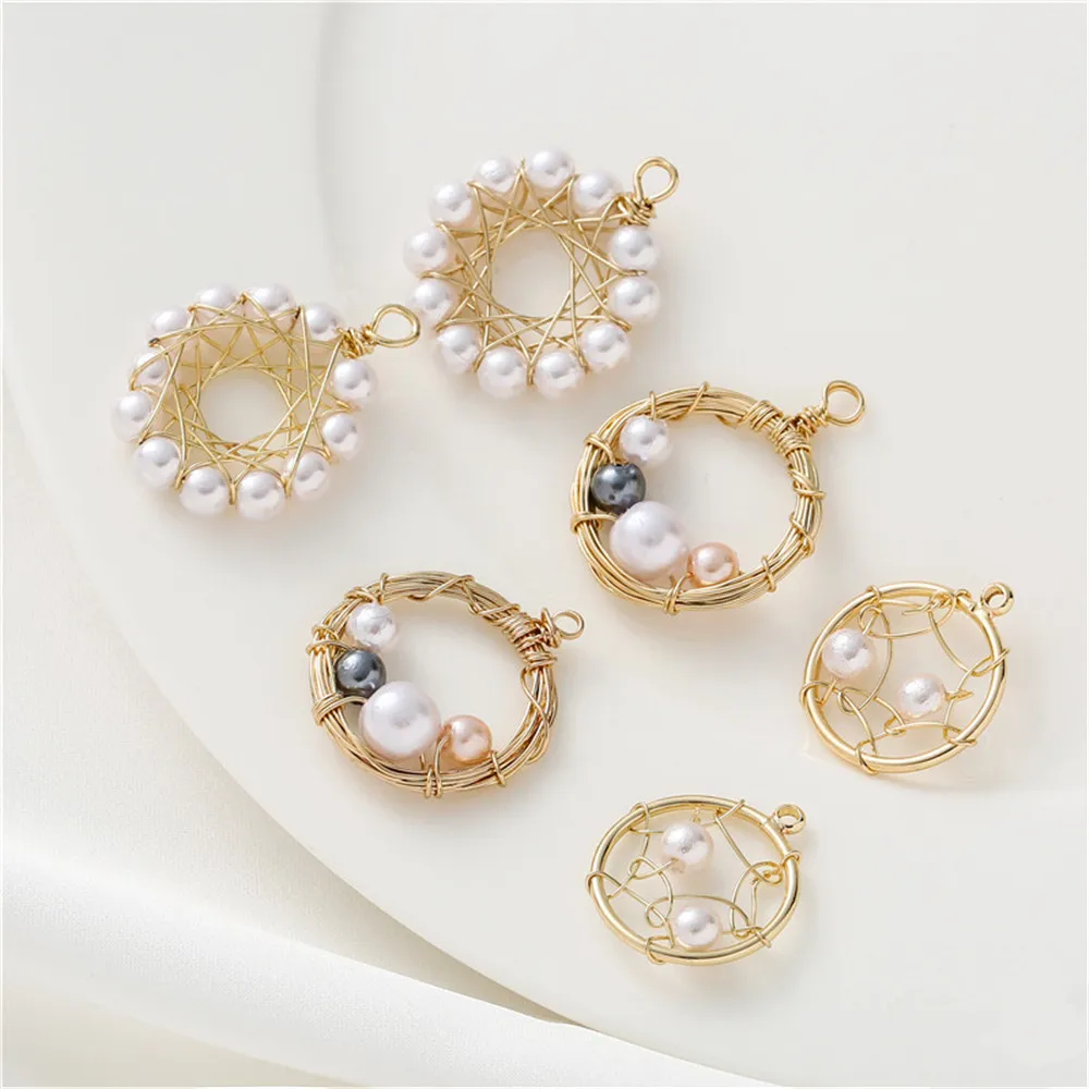 

18K gold clad colorful shell beads charm pendant tag round hand-wound wire bird's nest pendant diy jewelry accessories materials