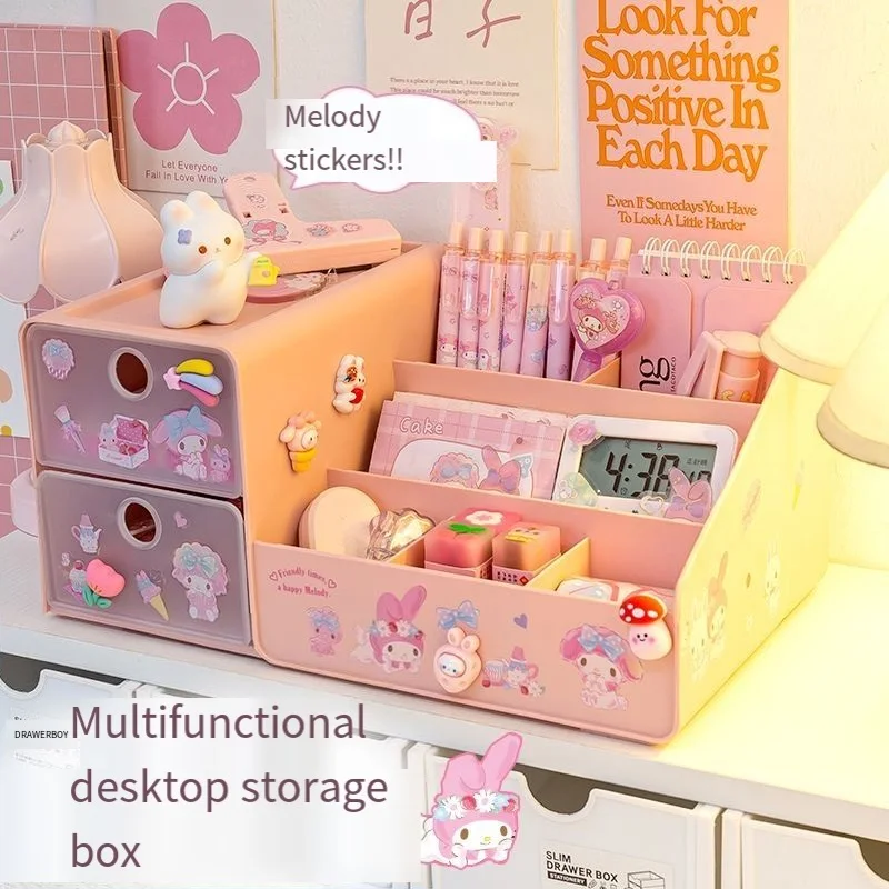 Sanrio Melody Storage Box Pen Holder High Precision Desktop Kuromi Cartoon Student Large Capacity Drawer Stationery Organizer