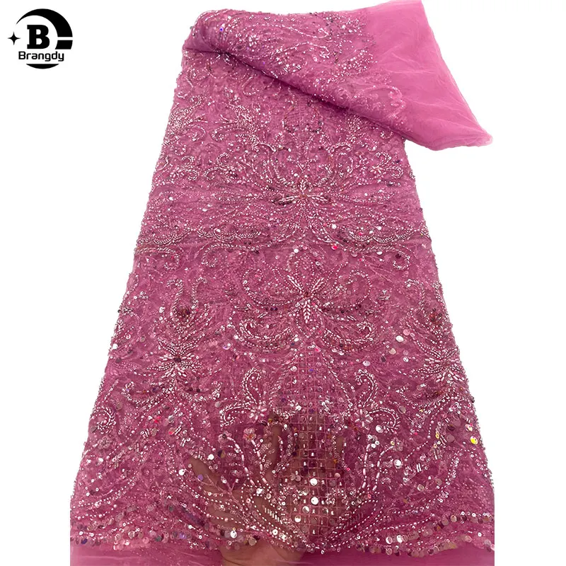 

Fashion French Handmade Beads Lace Fabric 2024 High Quality Lace Embroidery African Sequins Tulle Lace Fabric For Wedding X98028