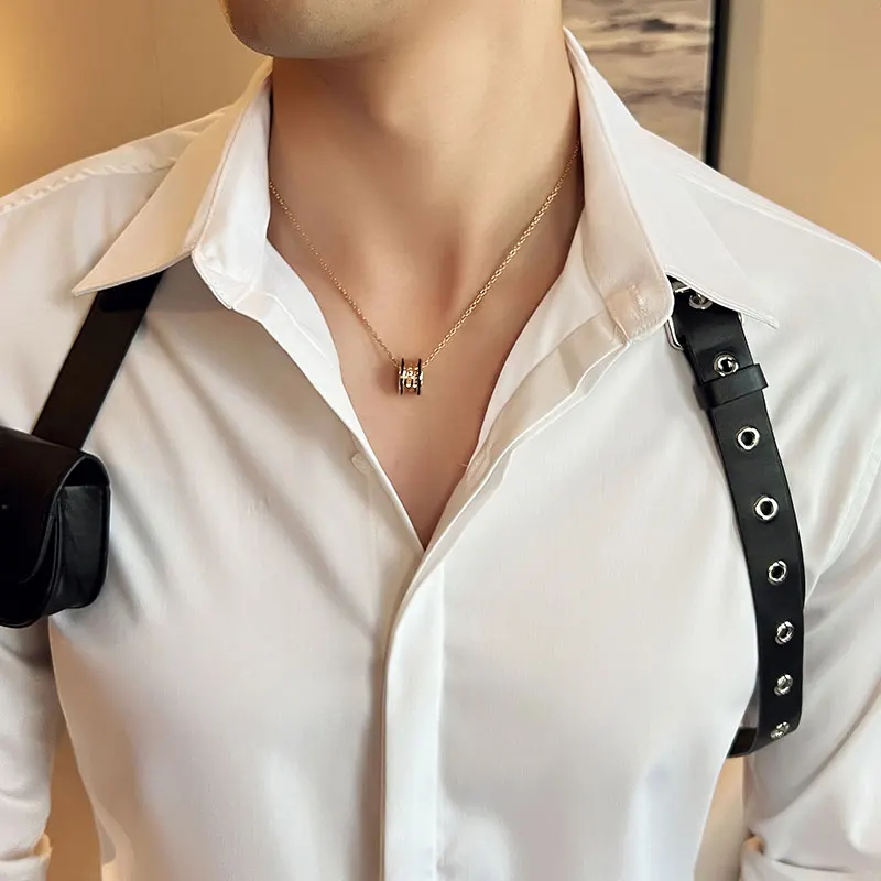 Long Sleeve Men Shirt With PU Strap Man Tuxedo Shirt White Luxury Stylish Shirts For Men Party Club Party Slim Fit Blouse Male