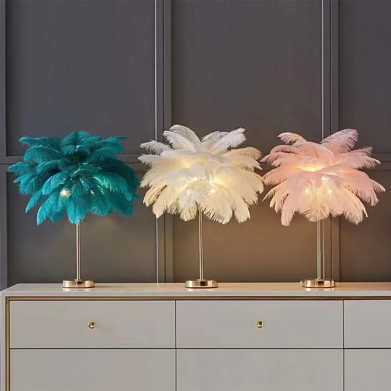 Modern nordic feather tree lamp ostrich feather table pink white bedside lamps romantic table lamp wedding