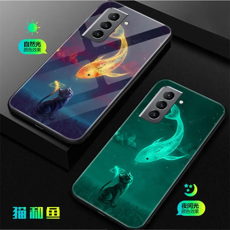 Custodia Per Telefono In Vetro Temperato Luminoso Per Samsung Galaxy S21Fe Cover Per Samsung S21Fe Cover Glowing In Dark Cat And Fish