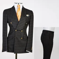 Black Mens Casual Plaid Mens Suits 2PCS Wedding Party Jacket Trousers Waistcoat Male Blazer Coat Pants Slim Fit Double Breasted