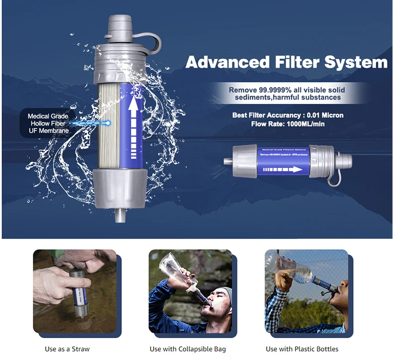 Outdoor Survival Water Filter Straw with Gravity Water Bag Portable Water Purifier Water