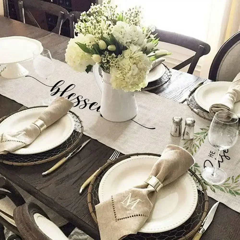 Easter He Is Risen Linen Table Runner Wedding Decoration Spring Dining   Farmhouse Theme Gathering Party 4