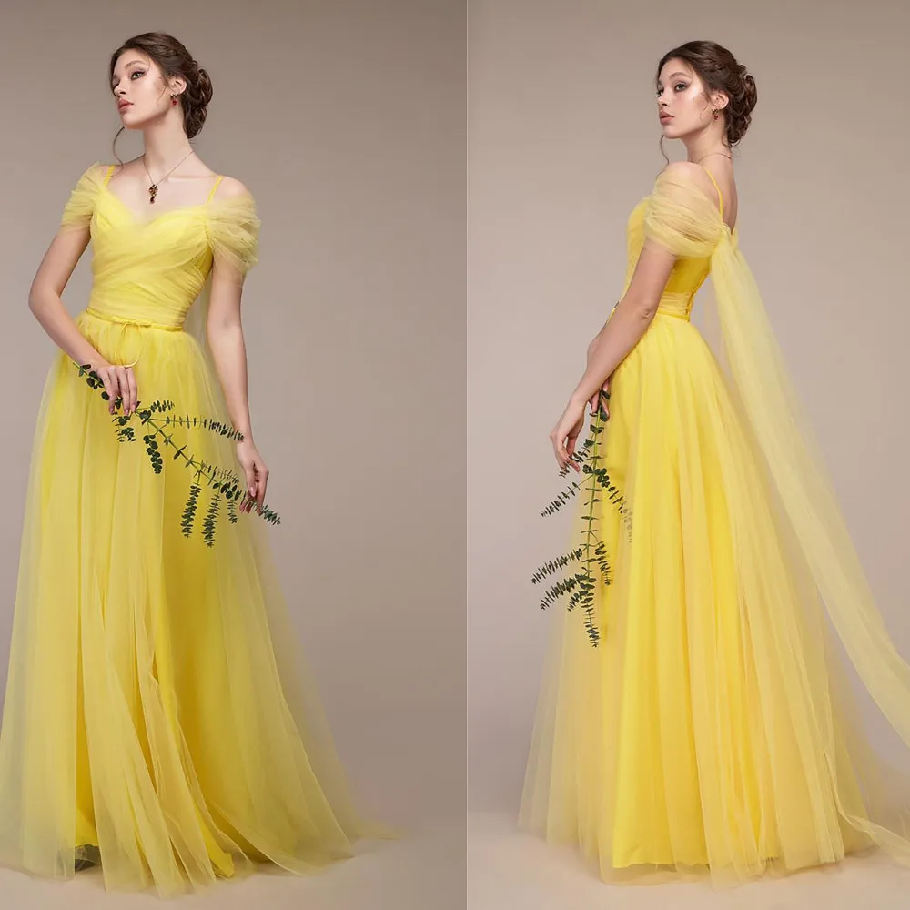 

Yellow Chiffon Bridesmaid Dress For Wedding Party Off Shoulder Cap Sleeve Long A-Line V-Neck Tulle Maid Of Honor Cocktail Dress