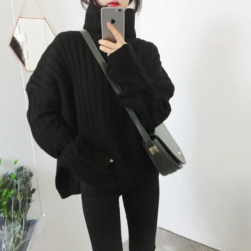 Autumn and Winter New Solid Color Women's Long-sleeved Turtleneck Sweater Loose Fashion Knitwear Casual Pullover Office Top